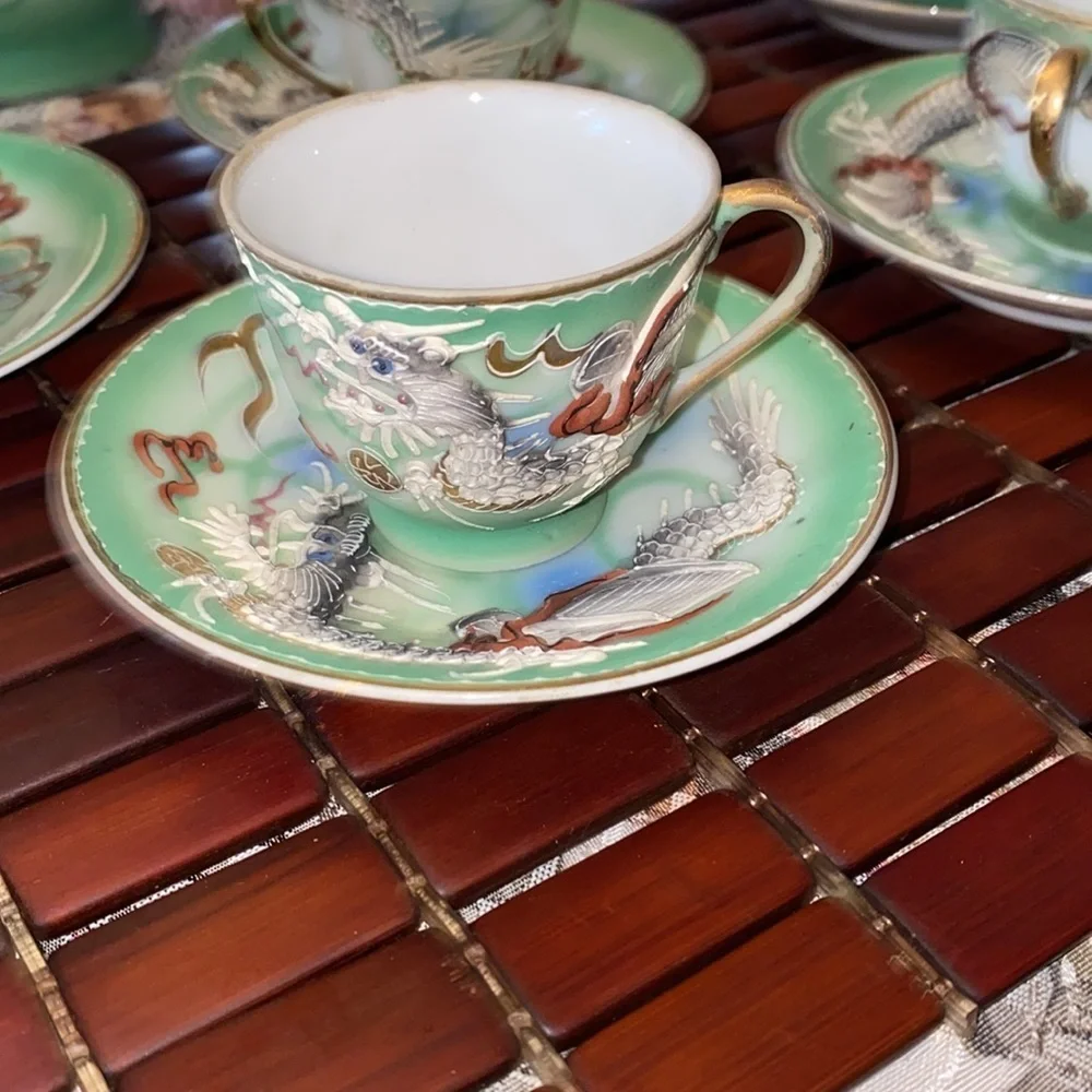 Vintage Dragonware Tea Set JB Betsons Green Hand Painted Moriage 14 pc set Japan